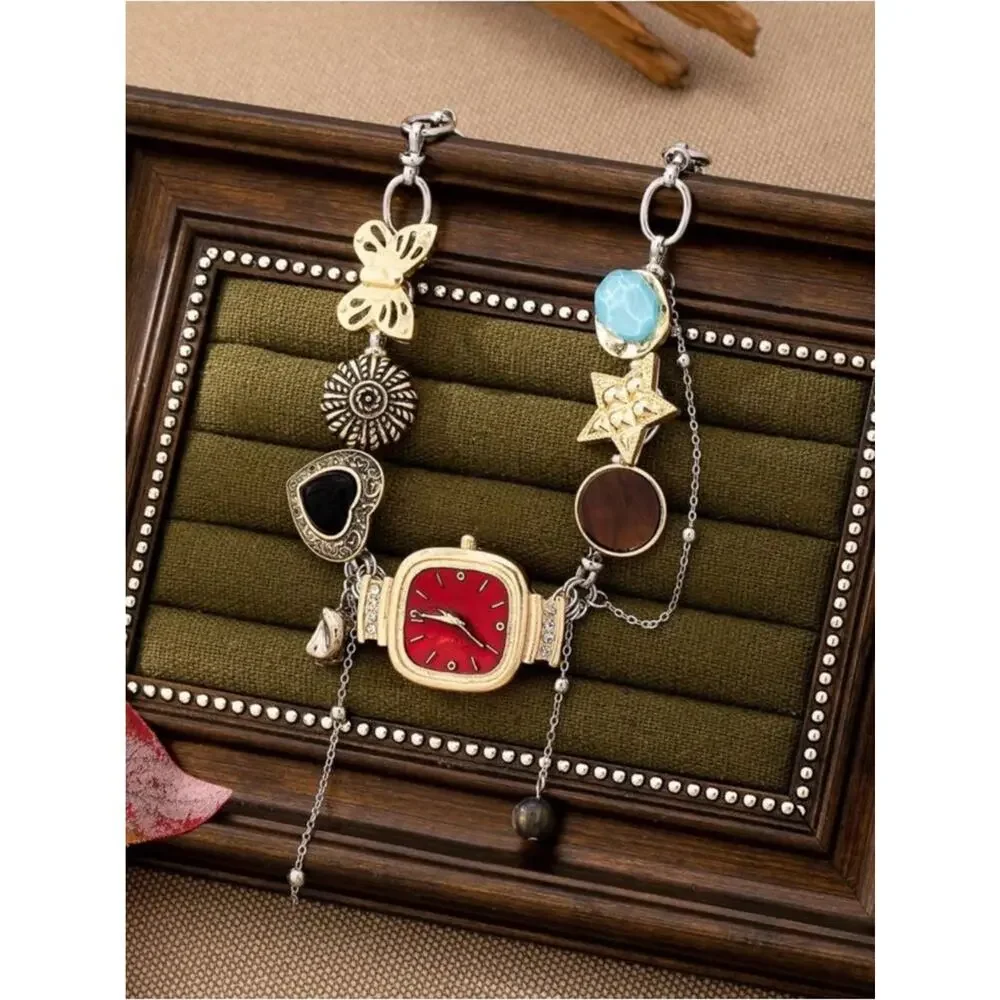 Vintage Charm Watch Necklace Red Pendant Gold Statement Choker Tarnish Proof